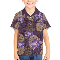Hawaii Family Matching Off The Shoulder Long Sleeve Dress and Hawaiian Shirt Purple Polynesian Monstera Patterns - Polynesian Pride