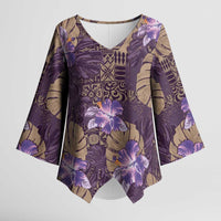 Hawaii Kimono Sleeve Blouse Purple Polynesian Monstera Patterns - Polynesian Pride