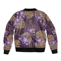 Hawaii Sleeve Zip Bomber Jacket Purple Polynesian Monstera Patterns - Polynesian Pride