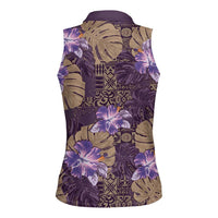 Hawaii Women Sleeveless Polo Shirt Purple Polynesian Monstera Patterns - Polynesian Pride