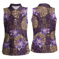 Hawaii Women Sleeveless Polo Shirt Purple Polynesian Monstera Patterns - Polynesian Pride