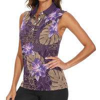 Hawaii Women Sleeveless Polo Shirt Purple Polynesian Monstera Patterns - Polynesian Pride