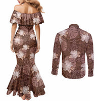 Hawaii Couples Matching Mermaid Dress and Long Sleeve Button Shirt Brown Polynesian Monstera Patterns - Polynesian Pride