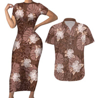Hawaii Couples Matching Short Sleeve Bodycon Dress and Hawaiian Shirt Brown Polynesian Monstera Patterns - Polynesian Pride