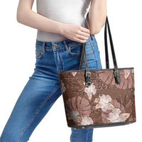 Hawaii Leather Tote Bag Brown Polynesian Monstera Patterns - Polynesian Pride