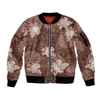Hawaii Sleeve Zip Bomber Jacket Brown Polynesian Monstera Patterns - Polynesian Pride