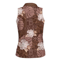 Hawaii Women Sleeveless Polo Shirt Brown Polynesian Monstera Patterns - Polynesian Pride