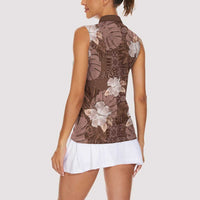 Hawaii Women Sleeveless Polo Shirt Brown Polynesian Monstera Patterns - Polynesian Pride