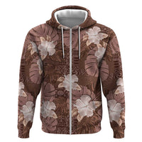 Hawaii Zip Hoodie Brown Polynesian Monstera Patterns - Polynesian Pride