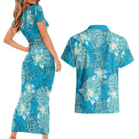 Hawaii Couples Matching Short Sleeve Bodycon Dress and Hawaiian Shirt Teal Polynesian Monstera Patterns - Polynesian Pride