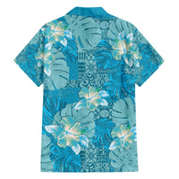 Hawaii Family Matching Off The Shoulder Long Sleeve Dress and Hawaiian Shirt Teal Polynesian Monstera Patterns - Polynesian Pride