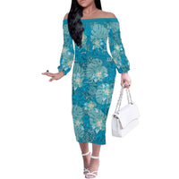 Hawaii Family Matching Off The Shoulder Long Sleeve Dress and Hawaiian Shirt Teal Polynesian Monstera Patterns - Polynesian Pride
