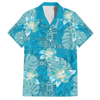 Hawaii Family Matching Off Shoulder Short Dress and Hawaiian Shirt Teal Polynesian Monstera Patterns - Polynesian Pride