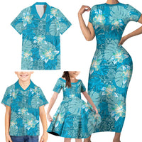 Hawaii Family Matching Short Sleeve Bodycon Dress and Hawaiian Shirt Teal Polynesian Monstera Patterns - Polynesian Pride