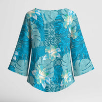 Hawaii Kimono Sleeve Blouse Teal Polynesian Monstera Patterns - Polynesian Pride