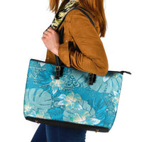 Hawaii Leather Tote Bag Teal Polynesian Monstera Patterns - Polynesian Pride