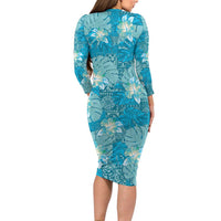 Hawaii Long Sleeve Bodycon Dress Teal Polynesian Monstera Patterns - Polynesian Pride