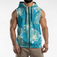 Hawaii Sleeveless Zip Hoodie Teal Polynesian Monstera Patterns - Polynesian Pride