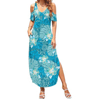 Hawaii Summer Maxi Dress Teal Polynesian Monstera Patterns - Polynesian Pride