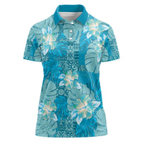 Hawaii Women Polo Shirt Teal Polynesian Monstera Patterns - Polynesian Pride