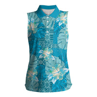 Hawaii Women Sleeveless Polo Shirt Teal Polynesian Monstera Patterns - Polynesian Pride
