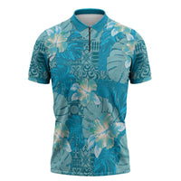 Hawaii Zipper Polo Shirt Teal Polynesian Monstera Patterns - Polynesian Pride