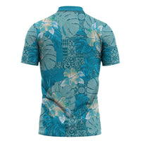 Hawaii Zipper Polo Shirt Teal Polynesian Monstera Patterns - Polynesian Pride