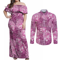 Hawaii Couples Matching Off Shoulder Maxi Dress and Long Sleeve Button Shirt Magenta Polynesian Monstera Patterns - Polynesian Pride