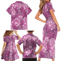 Hawaii Family Matching Short Sleeve Bodycon Dress and Hawaiian Shirt Magenta Polynesian Monstera Patterns - Polynesian Pride