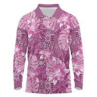 Hawaii Long Sleeve Polo Shirt Magenta Polynesian Monstera Patterns - Polynesian Pride
