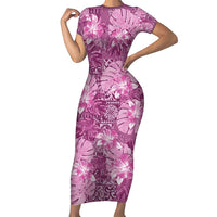 Hawaii Short Sleeve Bodycon Dress Magenta Polynesian Monstera Patterns - Polynesian Pride