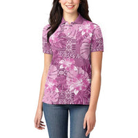 Hawaii Women Polo Shirt Magenta Polynesian Monstera Patterns - Polynesian Pride