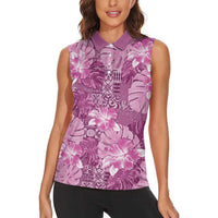 Hawaii Women Sleeveless Polo Shirt Magenta Polynesian Monstera Patterns - Polynesian Pride