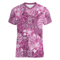 Hawaii Women V-Neck T-Shirt Magenta Polynesian Monstera Patterns - Polynesian Pride