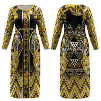 Aotearoa Ngati Whatua Couples Matching Long Sleeve Bodycon Dress and Long Sleeve Button Shirt Maori Tribal Gold Paua Shell Pattern DT05 - Polynesian Pride