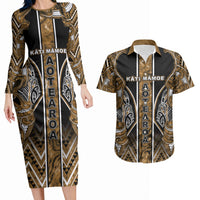 Aotearoa Kati Mamoe Couples Matching Long Sleeve Bodycon Dress and Hawaiian Shirt Maori Brown Tribal Paua Shell Pattern DT05 Brown - Polynesian Pride