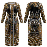 Aotearoa Kati Mamoe Couples Matching Long Sleeve Bodycon Dress and Long Sleeve Button Shirt Maori Brown Tribal Paua Shell Pattern DT05 - Polynesian Pride