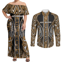 Aotearoa Kati Mamoe Couples Matching Off Shoulder Maxi Dress and Long Sleeve Button Shirt Maori Brown Tribal Paua Shell Pattern DT05 Brown - Polynesian Pride