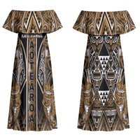 Aotearoa Kati Mamoe Couples Matching Off Shoulder Maxi Dress and Long Sleeve Button Shirt Maori Brown Tribal Paua Shell Pattern DT05 - Polynesian Pride