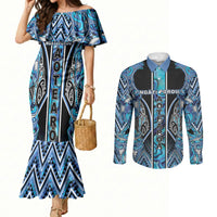 Aotearoa Ngati Porou Couples Matching Mermaid Dress and Long Sleeve Button Shirt Maori Light Blue Tribal Paua Shell Pattern DT05 Blue - Polynesian Pride