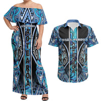 Aotearoa Ngati Porou Couples Matching Off Shoulder Maxi Dress and Hawaiian Shirt Maori Light Blue Tribal Paua Shell Pattern DT05 Blue - Polynesian Pride