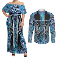 Aotearoa Ngati Porou Couples Matching Off Shoulder Maxi Dress and Long Sleeve Button Shirt Maori Light Blue Tribal Paua Shell Pattern DT05 Blue - Polynesian Pride