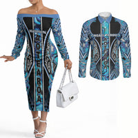 Aotearoa Ngati Porou Couples Matching Off The Shoulder Long Sleeve Dress and Long Sleeve Button Shirt Maori Light Blue Tribal Paua Shell Pattern DT05 Blue - Polynesian Pride