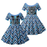 Aotearoa Ngati Porou Family Matching Off Shoulder Maxi Dress and Hawaiian Shirt Maori Light Blue Tribal Paua Shell Pattern DT05 Daughter's Dress Blue - Polynesian Pride