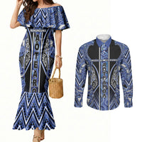 Aotearoa Ngati Kahungunu Couples Matching Mermaid Dress and Long Sleeve Button Shirt Maori Tribal Blue Paua Shell Pattern DT05 Blue - Polynesian Pride