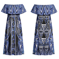 Aotearoa Ngati Kahungunu Couples Matching Off Shoulder Maxi Dress and Long Sleeve Button Shirt Maori Tribal Blue Paua Shell Pattern DT05 - Polynesian Pride