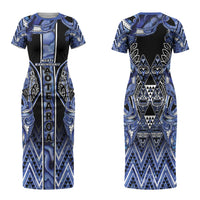 Aotearoa Ngati Kahungunu Family Matching Short Sleeve Bodycon Dress and Hawaiian Shirt Maori Tribal Blue Paua Shell Pattern DT05 Mom's Dress Blue - Polynesian Pride
