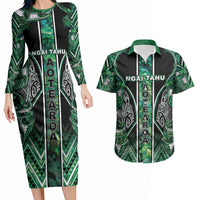 Aotearoa Ngai Tahu Couples Matching Long Sleeve Bodycon Dress and Hawaiian Shirt Maori Tribal Dark Green Paua Shell Pattern DT05 Green - Polynesian Pride