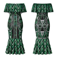 Aotearoa Ngai Tahu Couples Matching Mermaid Dress and Long Sleeve Button Shirt Maori Tribal Dark Green Paua Shell Pattern DT05 - Polynesian Pride