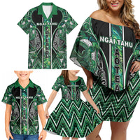Aotearoa Ngai Tahu Family Matching Off Shoulder Short Dress and Hawaiian Shirt Maori Tribal Dark Green Paua Shell Pattern DT05 - Polynesian Pride